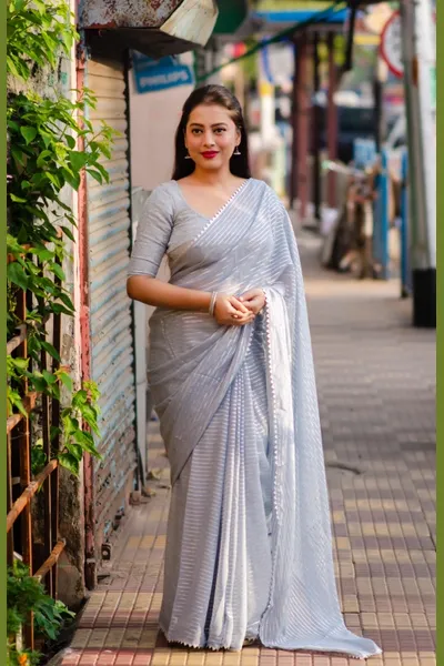 Soft Chiffon Silver Zari Saree With Banarasi Silk Blouse