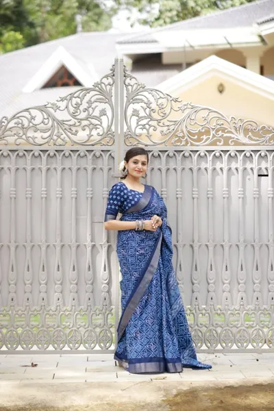 Indigo Batik Printed Slub Silk Saree