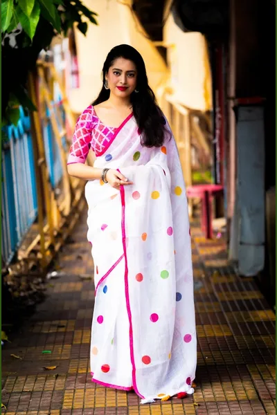 Soft Linen Polka Dot Print Saree