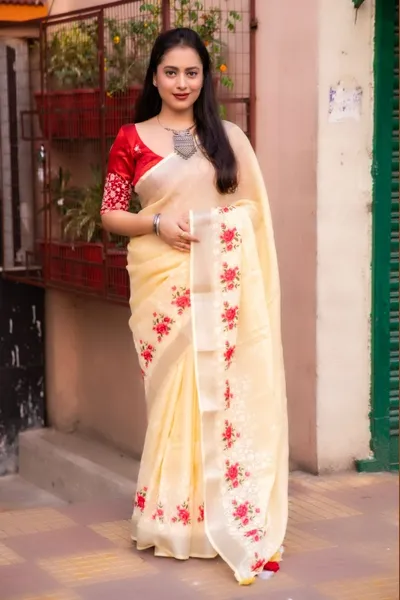 Pure Linen Zari Pattu Embroidered Saree With Phantom Silk Blouse