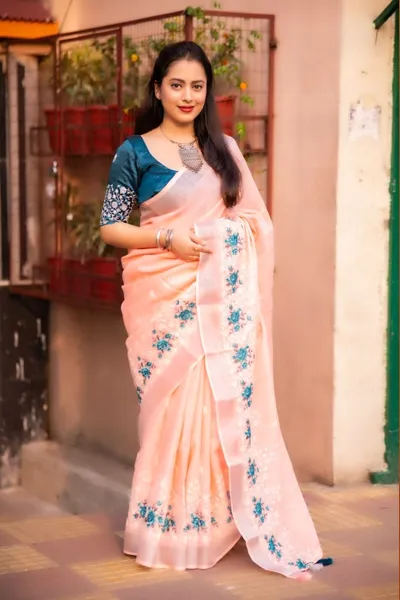 Pure Linen Zari Pattu Embroidery Saree With Phantom Silk Blouse