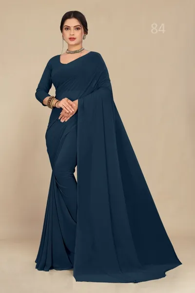 Grey Blue Georgette  Saree With Grain Texture