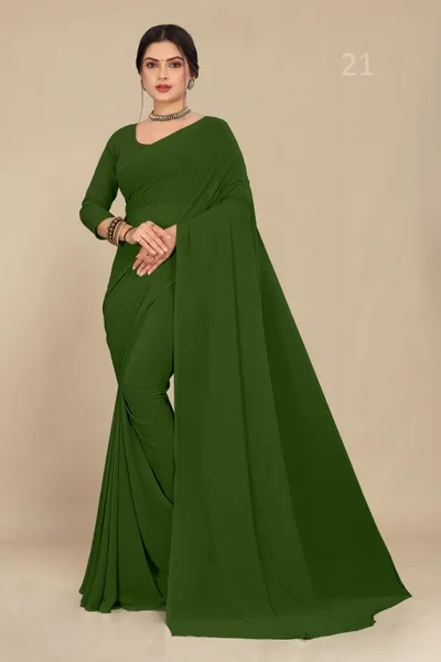 Olive Green Georgette  Saree With Grain Texture