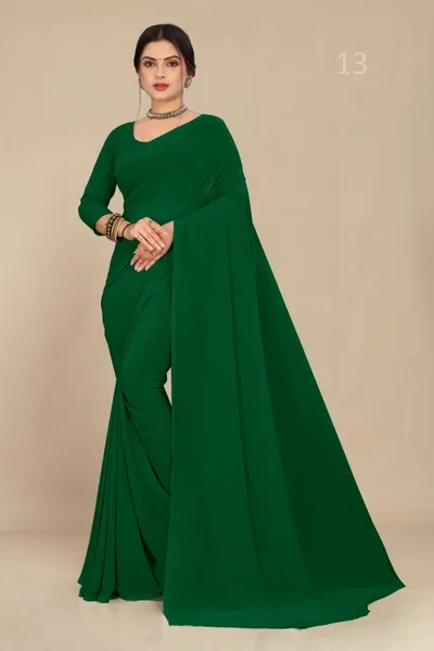 Light Bottle Green Georgette  Saree With Grain Texture