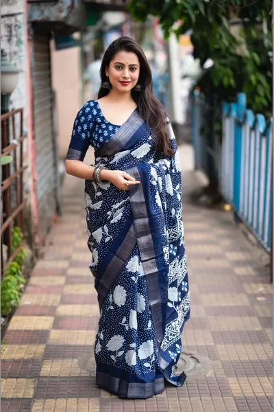 Indigo Batik Printed Slub Silk Saree