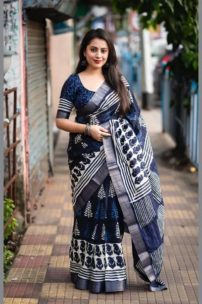 Indigo Batik Print Slub Silk Saree