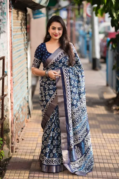 Indigo Batik Print Slub Silk Saree