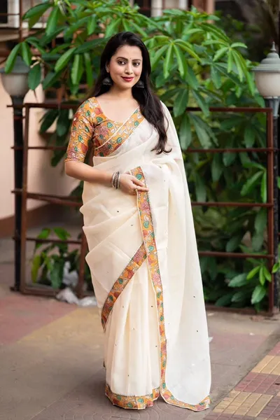 Soft Linen Printed Border Saree With Printed Blouse Blouse