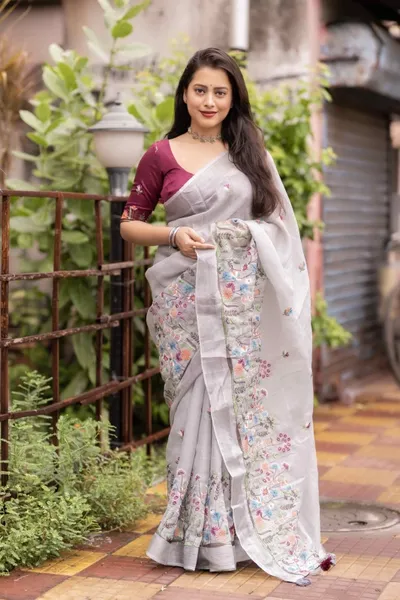 Pure Linen Embroidered Saree