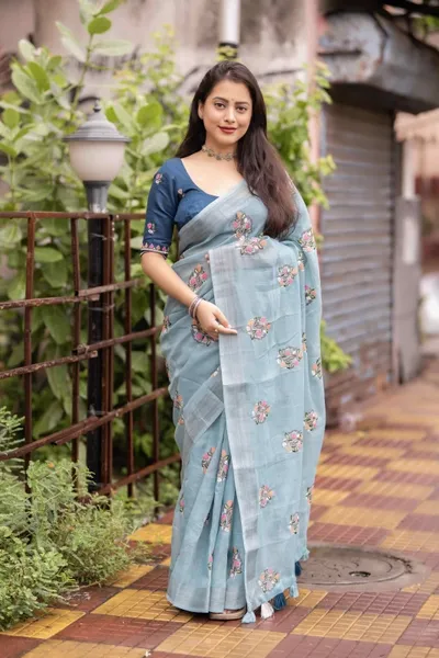 Pure Linen Embroidery Saree