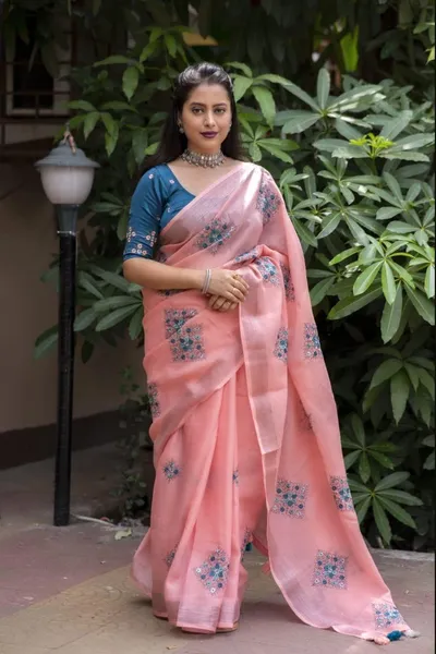 Linen Embroidery Zari Weaving Border Saree