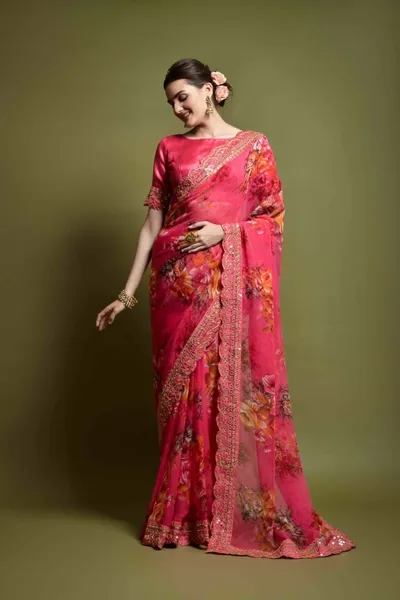 Georgette Flower Print Embroidery Saree