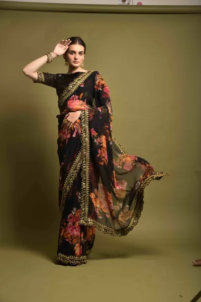 Georgette Flower Print Embroidery Saree