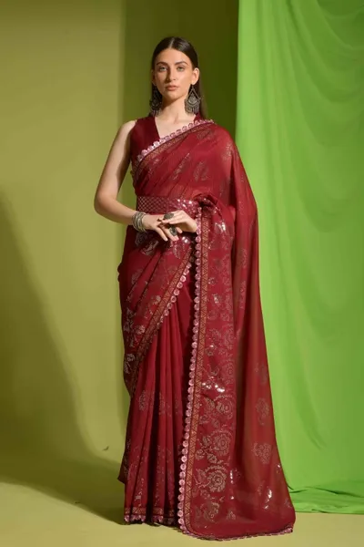 Faux Georgette Sequence Jacquard Lace Saree With Belt