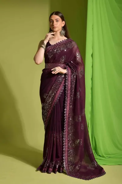 Faux Georgette Sequence Jacquard Lace Saree With Belt