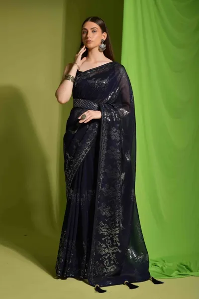 Faux Georgette Sequence Embroidery Saree With Belt