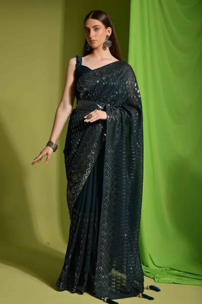 Faux Georgette Sequence Embroidery Saree With Belt