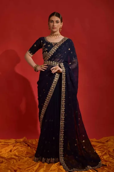 Faux Georgette Sequence Embroidery Saree With Waist Belt