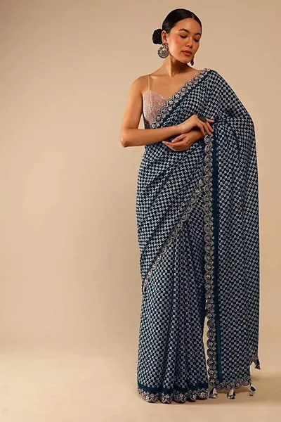 Chinoon Silk Printed Sequence Work Saree With Coding Work