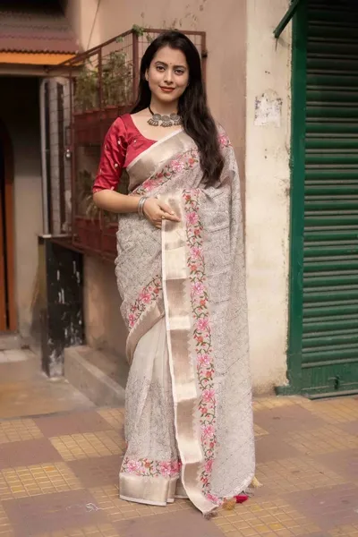 Soft Linen Embroidery Saree