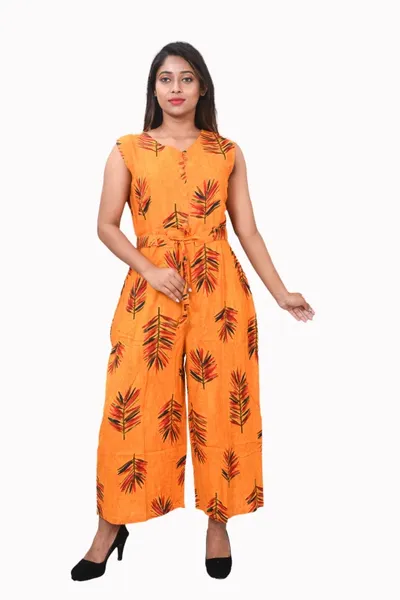 Women's Leaf Print Orange Jumpsuit