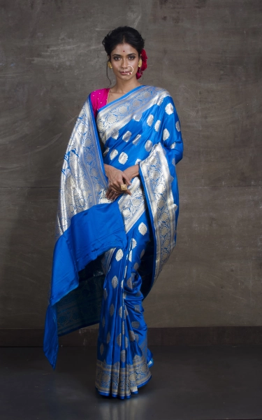 Semi Katan Nakshi Buti Banarasi Saree in Blue and Antique Silver