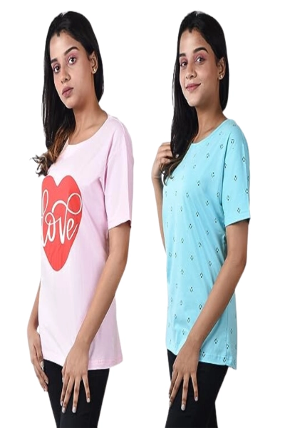 Printed Round Neck Solid Cotton Top Pack of 2