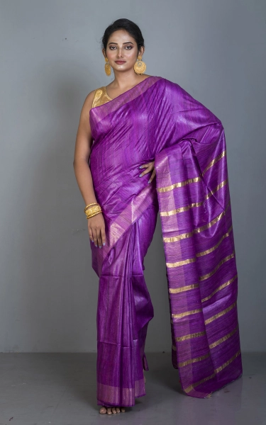 Gicha Tussar Silk Saree with Woven Gold Bands Pallu