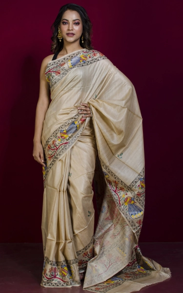 Hand Painted Madhubani on Premium Quality Soft Tussar Silk Saree