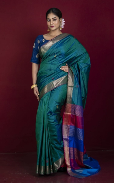 Handwoven Bishnupuri Chatai Medium Border Katan Silk Saree