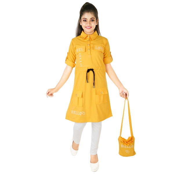 Cotton Blend Stylish Quatar Sleeve Yellow Color  Dress For Kids