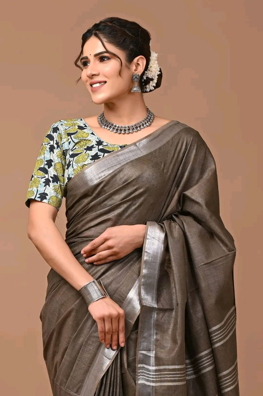 Pure Linen Saree With Silver Zari Border