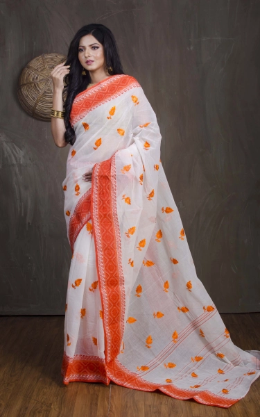 Bengal Handloom Cotton Saree with Leaf Motif Embroidery Work