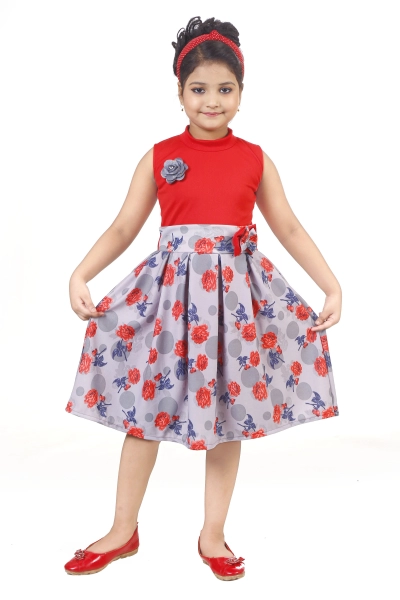 Kids Red  Color High Neck Frock with Sequinns Embroidery