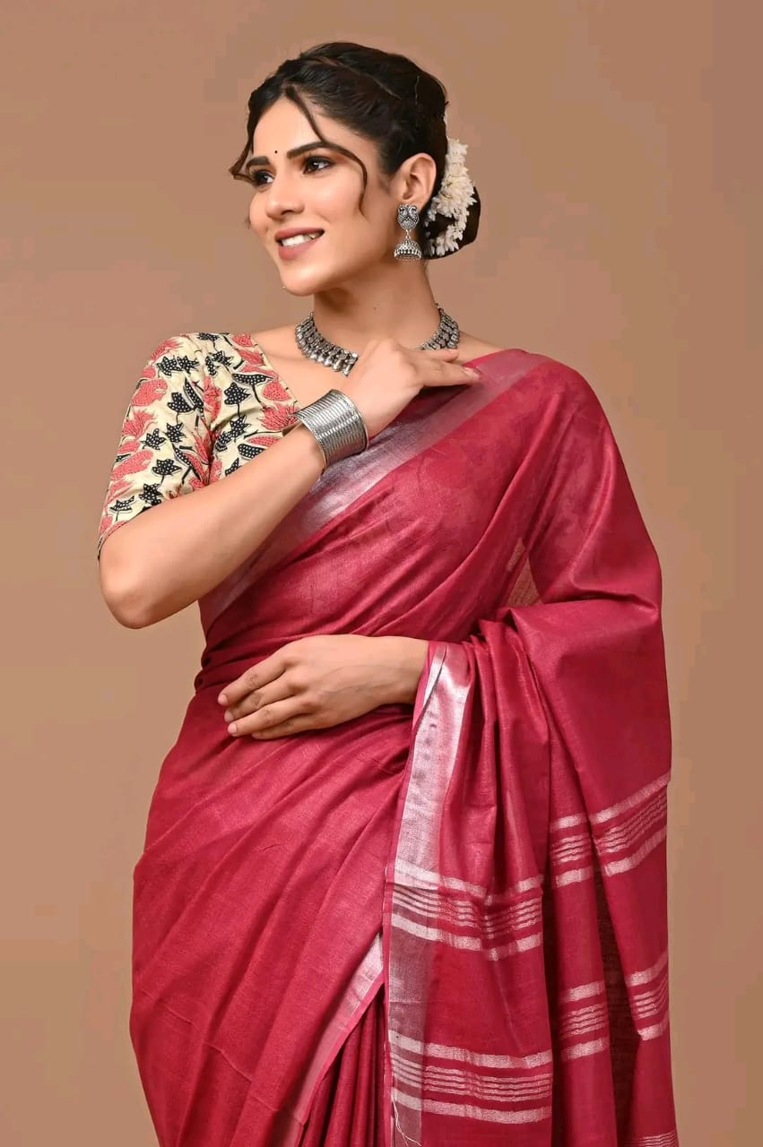 Pure Linen Saree With Silver Zari Border