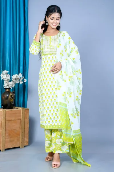 Women's Floral Printed Yoke Embroidered Kurta Set with Printed Dupatta