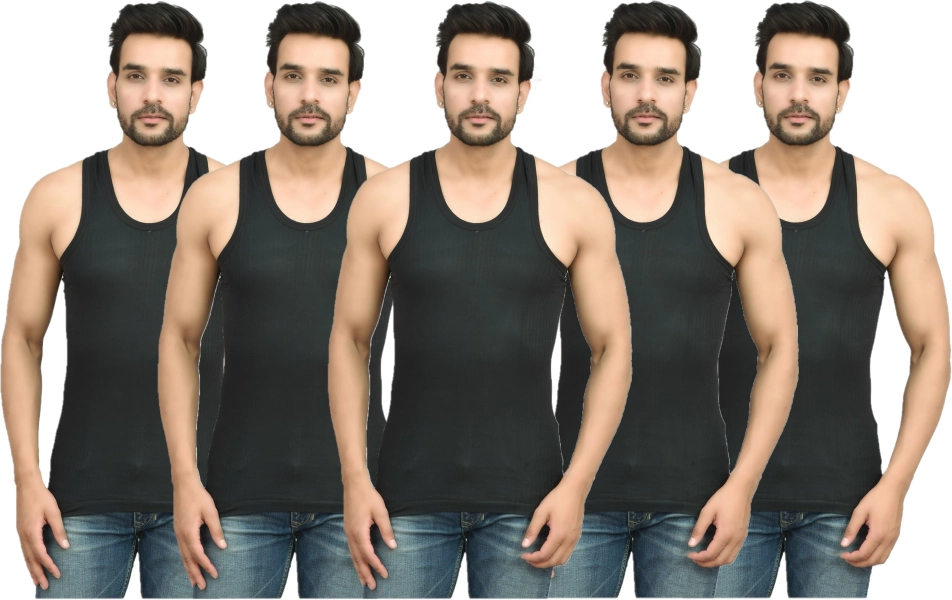 Black Cotton Fabric Stylish Scoop Neck Sleeveless Vest for Men (Pack of 5)