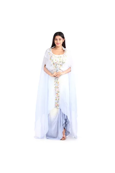 Women Designer Natural Crepe Three Pieces set Of Crop Top with long Shrug And Gown