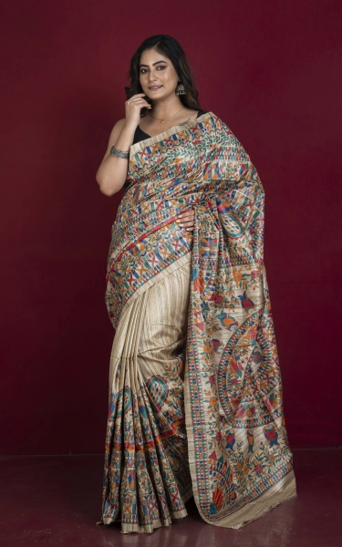 Premium Quality Hand Paint Madhubani on Natural Gicha Tussar Silk Saree