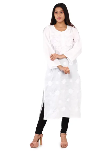 White Round Neck Printed Cotton Kurti