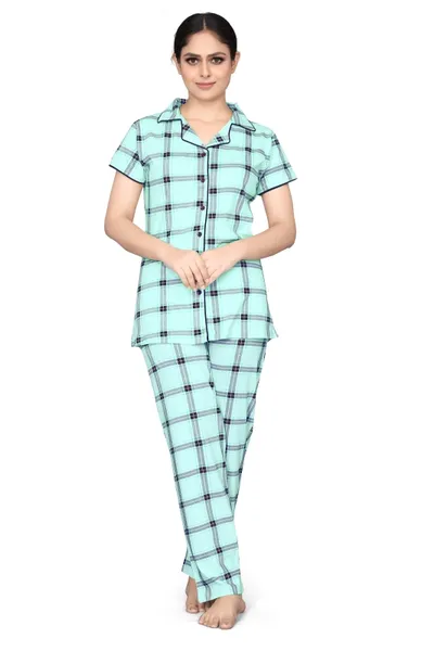 Women Shirt Pant Night Suit combo Sky Blue and Black