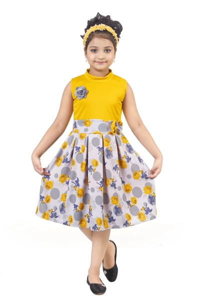 Floral printed Yellow Color high Neck  Stylish Frock For Kids