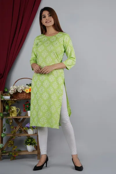 Rayon Calf Length Floral Printed Straight Kurti for Women