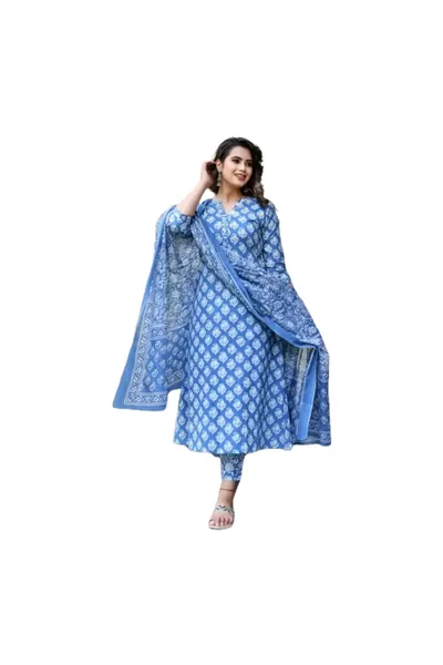 Sky Blue Round Neck Floral Print Rayon Kota Kurta Pant Dupatta Set