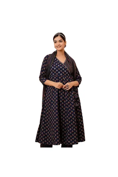 Women Cotton Blend Angarkha Palazzo Dupatta Set