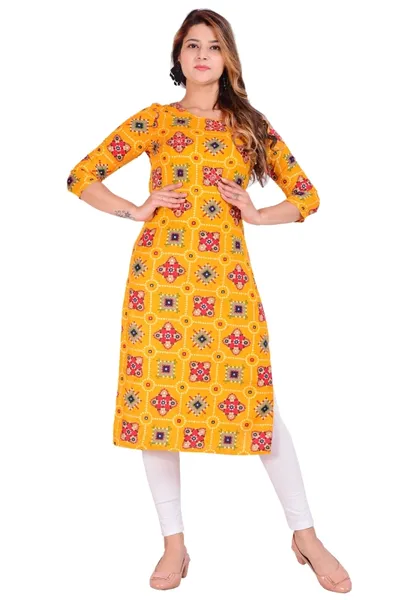 Rayon Calf Length Printed Straight Kurti for Ladies