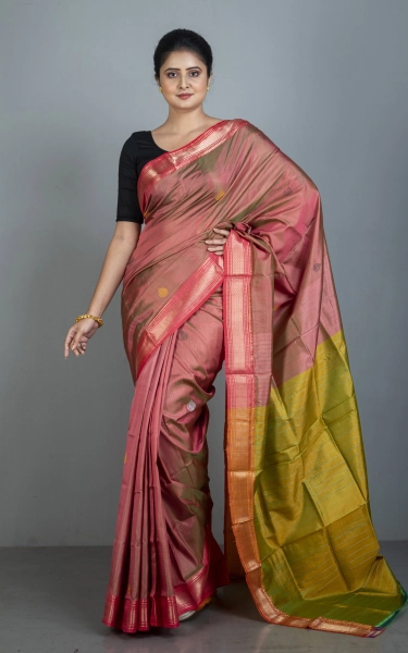 Handwoven Bishnupuri Chatai Medium Border Katan Silk Saree