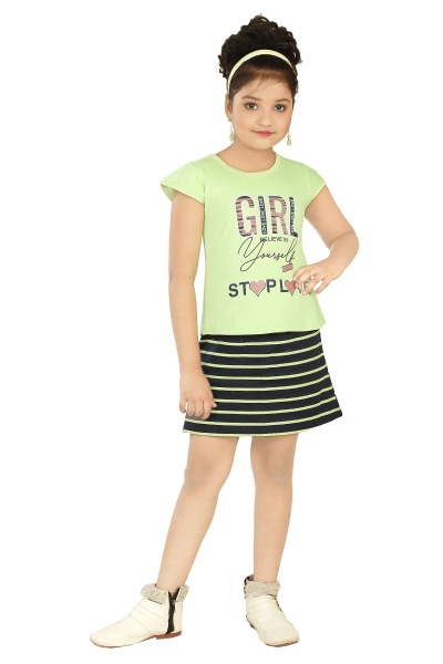 Green Stripe Top Skirt For Girls