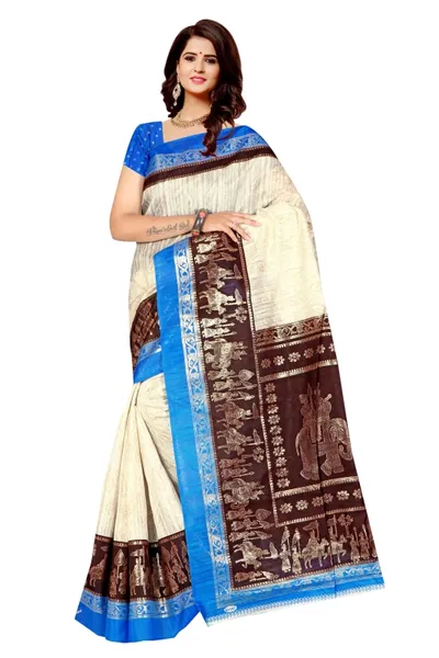 SVB Saree Blue Foil Print Khadi Silk Saree With Blouse Piece