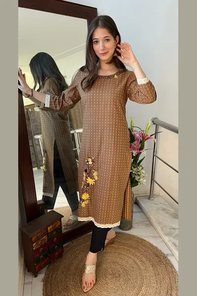 Rayon Brown Printed kurta Set For Women